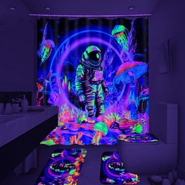 Alishomtll 4 Pcs Blacklight Astronaut Kids Shower Curtain Sets with Rugs, Cool UV Reactive Bathroom Set with Shower Curtain and Rugs, Trippy Space Bathroom Sets Decor for Men
