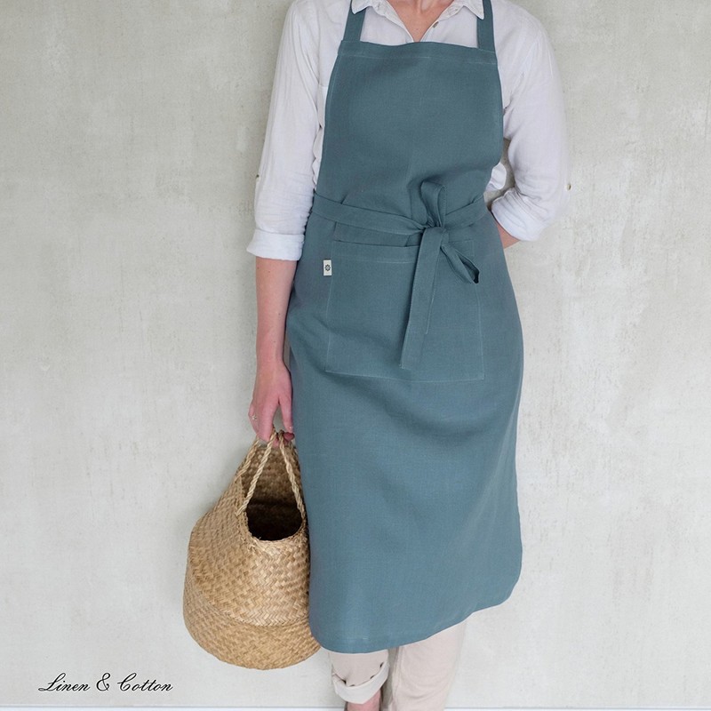 Linen & Cotton Apron, 100% Linen, Blue (70 x 100