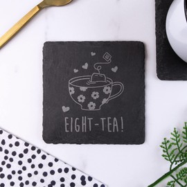 eBuyGB Engraved Square Slate Coaster -Eight-Tea Design - 80th Birthday Gifts for Women, Her - Eightieth Birthday Gift for Mum, Grandma - Drinks Mat