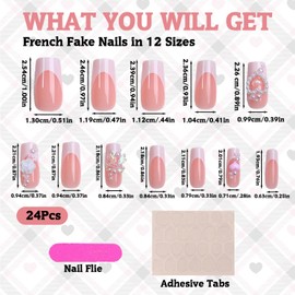 24Pcs French Tip False Nails, Elegant Pink Bow False Nails Press On Nails French Tip with Nail File & Jelly Glue, Fashionable and Reusable Nails for Women Girls