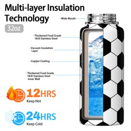 Soccer Water Bottle 32oz Insulated Sports Water Bottles Soccer Gifts for Men Women Gift for Coach Lovers Fan Players Stuff Accessories for Boys Girls