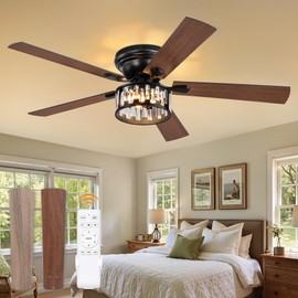 Fanbulous 56 Inch Crystal Chandelier Fan with Remote Control, Black Flush Mount Ceiling Fan with 6-Speeds, Quiet Reversible DC Motor, Farmhouse Ceiling Fan with Light for Bedroom, Living Room