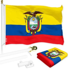 UD_G128 Combo Pack: 6 Ft Tangle Free Spinning Flagpole (White) & Ecuador Flag 3x5 Ft Printed 150D Polyester, Brass Grommets (Fla