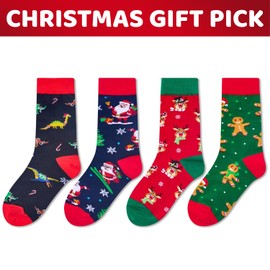 HAPPYPOP Christmas Socks for Teens - Secret Santa Gift Ideas Dinosaur Socks for Boys Girls, 4 Pack of Unisex Christmas Socks