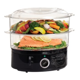 BELLA Two Tier Food Steamer with Stackable Baskets & Removable Base for Fast Simultaneous Cooking - Auto Shutoff & Boil Dry Protection, 7.4 QT, Black