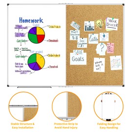 XBoard Magnetic White Board and Bulletin Corkboard Combination, 60 x 48 Inch Foldable Dry Erase & Cork Combo Board for Wall with Aluminum Frame, 5' x 4' Notice Memo Board Pin Vision Board
