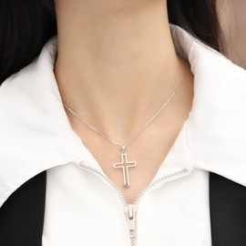 Bolelis 925-Sterling-Silver Cross Necklace for Women - Christian Baptism Pendant for Women Religious Jewelry Confirmation Gifts for Couples Friend Daughter (Hollow Silver Cross)