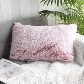 Uhomy 1 Pack Fluffy Plush Pillow Cover 12"x20", Luxury Pink Ombre Super Soft Plush Faux Fur Throw Pillow Cover Pink Ombre Cushion Case for Sofa Bed, Fall Winter Home Decorative 30x50 cm