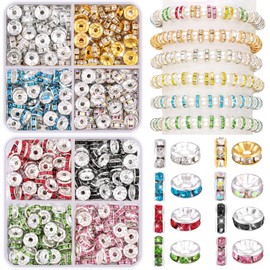 TINKRSTUFF 480 pcs 8mm Spacer Beads for Crafting, 8 Colors Rondelle Spacer Beads Box, Fancy Sparkle Crystal Rhinestone Spacer Loose Beads for Necklace Bracelet Earring Jewelry Making and Pens DIY Dec