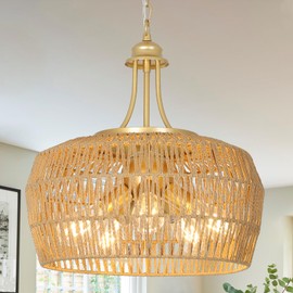 Gold Rattan Chandelier for Dining Room, 5-Light Boho Dining Room Light Fixture with Wicker Lampshade, Large Brass Pendant Hanging Light, Farmhouse Kitchen Chandelier for Island Bedroom Living Room