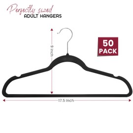 LDC Black Velvet Hangers 50 Pack - Premium Non Slip Clothes Felt Hanger for Coat, Pants, Suits, Shirts - Heavy Duty Space Saving 360 Rotatable Hook Hangars - Black