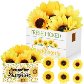 Marsui Summer Tiered Tray Decor Sunflower Mini Wooden Crate with 6 Artificial Sunflowers Farmhouse Rustic Table Decor for Home Kitchen Party Centerpiece