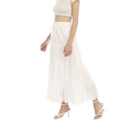 Love Welove Fashion Women’s Summer Boho Cotton Embroidered Eyelet Tiered Maxi Skirt Elastic High Waist A-Line Flowy Long Beach Dress White