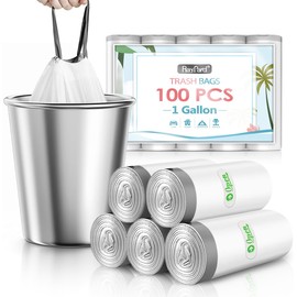 1 Gallon 100 Counts Mini Strong Drawstring Trash Bags Garbage Bags by RayPard, fit 3-4 Liter Small Trash Can, Tiny Waste Basket Liners for Home Office Bathroom Bedroom Car, White
