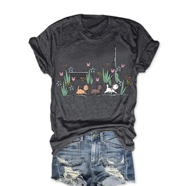 Cat Shirts for Women Magical Tops Flower Graphic Printed Tee Family Vacation Short Sleeve Shirts for Women Dark Grey L
