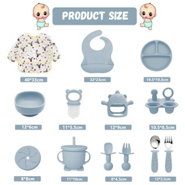 Silicone Baby Feeding Set, 14 Pcs Baby Led Weaning Supplies, Baby Spoons & Forks Suction Bowl Divided Plate Bib Cup, First Stage Solid Food Eating Utensils - 6+ Months (Blue)