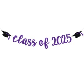 Purple Glitter Class of 2025 Banner - Congrats Grad Decor - Happy Graduation, High School/College/University Graduation Party Decorations