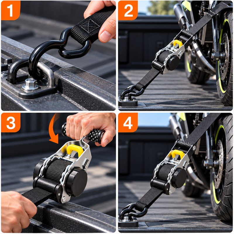 Retractable Ratchet Tie-Down Straps for Motorcycle and Cargo Securing –