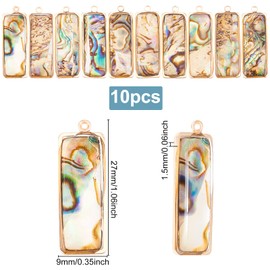 BENECREAT Pack of 10 Rectangular Shell Pendants, Natural Abalone Shell Pendants with Double Enamelled Settings Made of Gold-Plated Brass for DIY Jewellery Making, 27 x 9 mm