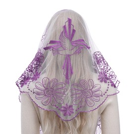 Bozidol Church Catholic Veils for Women, Triangle White Purple Cross and Dove Embroidered Lace Mantilla Chapel Veil, Latin Mass Prayer Scarf Head Coverings with Clips