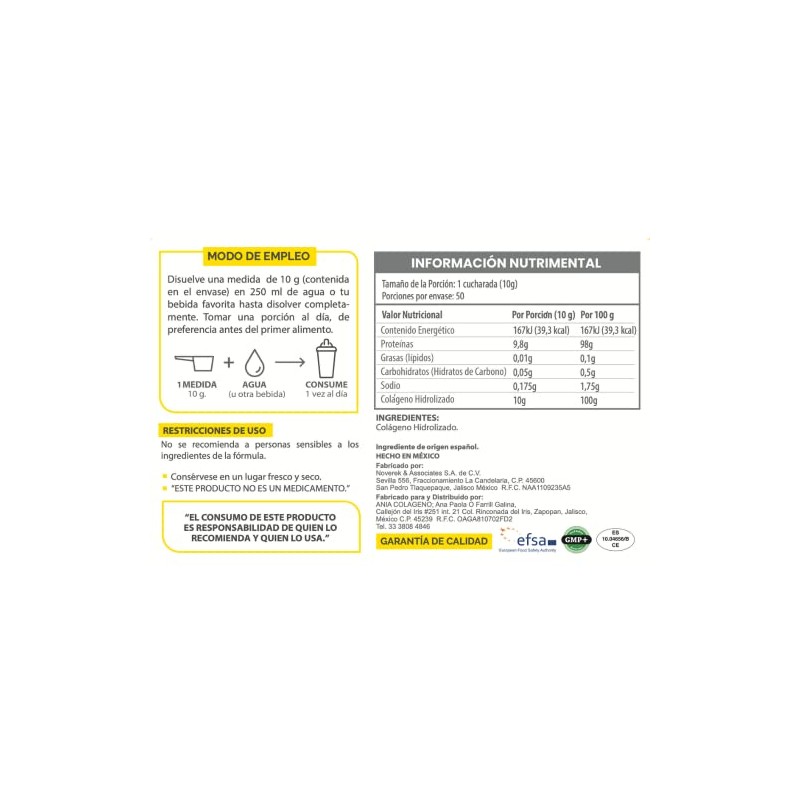 Colágeno Hidrolizado Polvo 100 Puro Presentación 500g Suplemento Natural Base