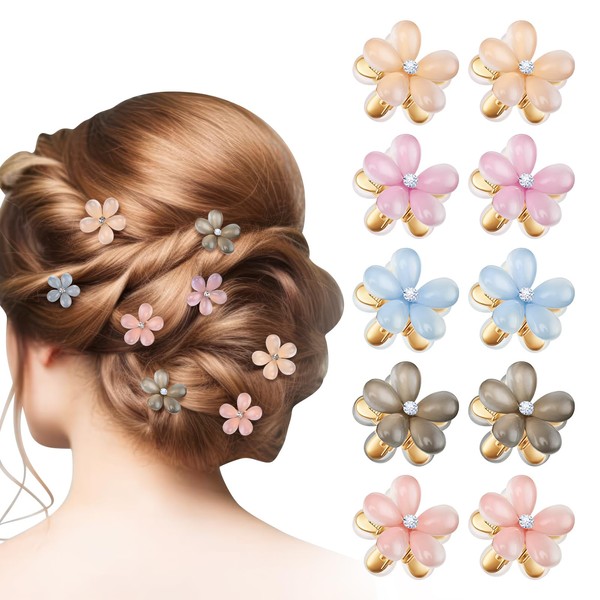 Halinuia Pack of 10 Flower Hair Accessories, Mini Hair Clips, 5 Colours, Flower Hair Clips, Pearl Hair Clips, Women's Hair Clip, Small Flower Hair Clip for Everyday Party, Wedding, Hair Clips, Photo