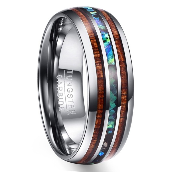 VAKKI 8mm Wood Inlay Tungsten Bands for Men Abalone Shell