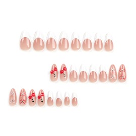 SINSEN Medium Press on Nails Almond - White French Tip Press on Nails, Valentine’s Day Fake Nails with Cherry Bow-knot Designs, Reusable Stick on Nails in 12 Sizes, 24 Pcs Medium Almond False Nails