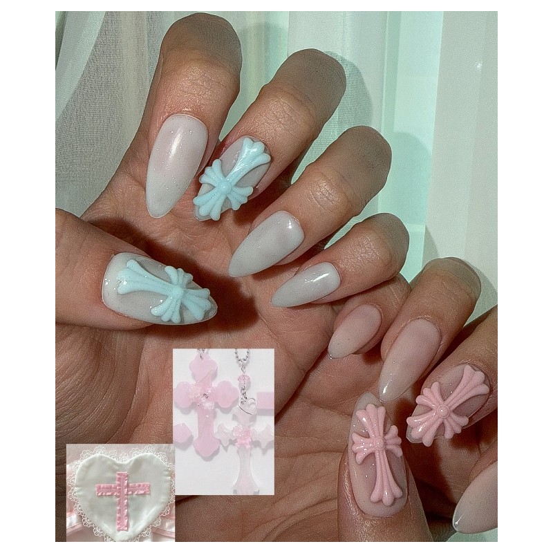 Half Chrome Hearts Cross Handmade Nail Tips - Square /