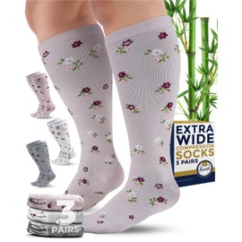 Pembrook 3 Pairs Plus Size Compression Socks Wide Calf - 15-20 mmHg Bamboo Viscose Extra Wide Calf Compression Socks for Women Plus Size, Little Flowers