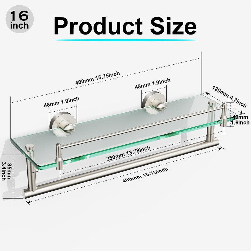 Floating Tempered Glass Bathroom Shelf with Towel Bar - Brushed