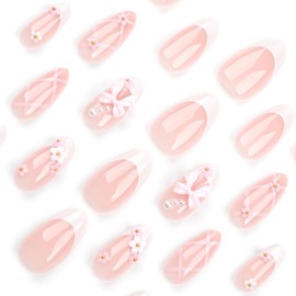 White French Tip Press on Nails Almond Medium Length 3D Fake Nails with Flower Bow Charms Designs Almond Nail Tips Summer False Nails Glossy Full Cover Gel Glue Stick on Nails for Women Nail Manicure