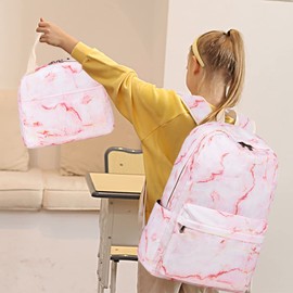 LEDAOU Backpack for Girls School Bag Kids Bookbag Teen Backpack Set Daypack with Lunch Bag and Pencil Case (Pink Marble)