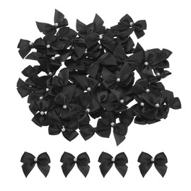 sourcing map 60Pcs Mini Black Ribbon Bow with Pearl 1" Ribbon Flowers Appliques for Craft DIY Hair Bow Sewing Wedding Party Christmas Decoration