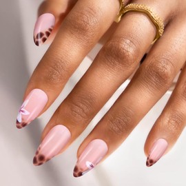 Swooflia Medium Almond Press On Nails French Tip – Tortoise Shell Fake Nail Glue Stick On Acrylic Artificial Flase Fingernails for Women, 24 PCS Reusable Handmade Manicure Art Nails with Stickers Glue