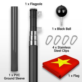G128 Combo Pack: 16 Ft Telescoping Aluminum Flagpole (Black) & China Chinese Flag 3x5 Ft, ToughWeave Series Embroidered 300D Polyester | Pole with Flag Included