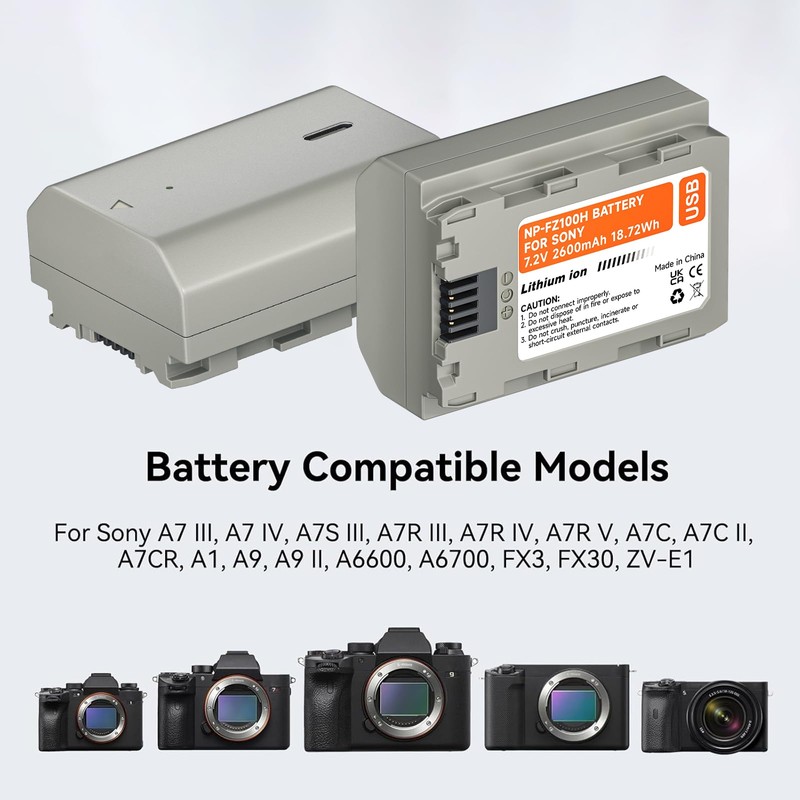 NP-FZ100 Batteries 2-Pack 2600mAh, Type-C Charging Port for Sony A7iv,