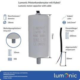 Lumonic Starting Capacitor with Cable 25 cm I 22µF 450V I 38 x 75 mm I 22uF I Motor Capacitor with Plastic Housing I Operating Capacitor I for Pumps, Ras