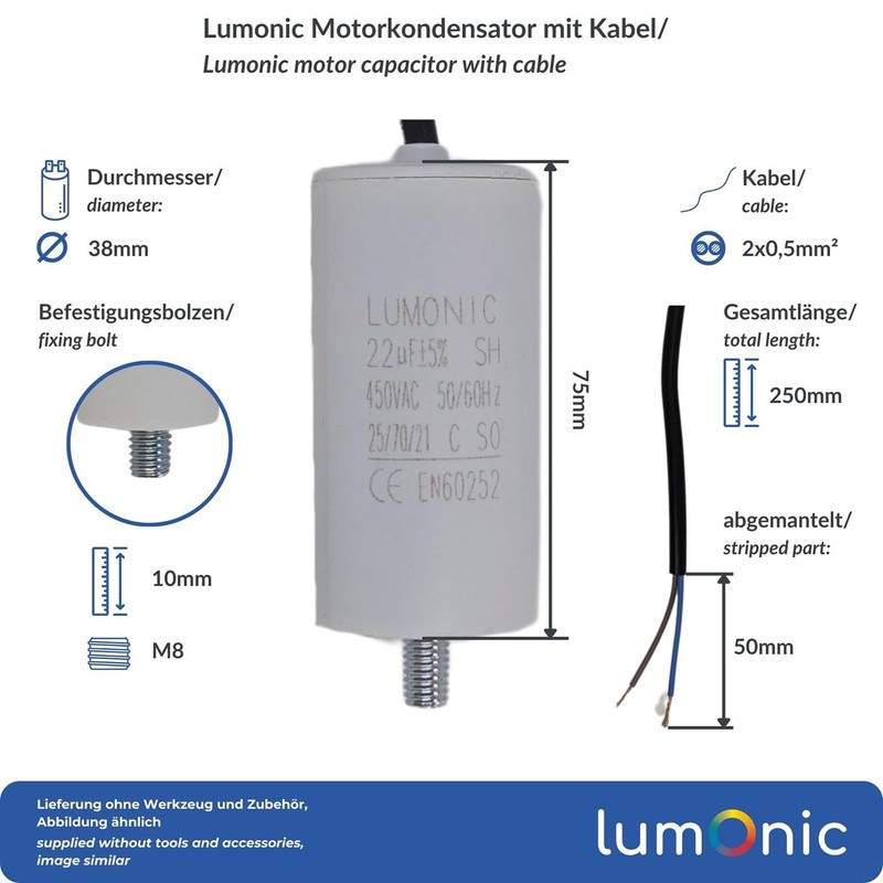 Lumonic Starting Capacitor with Cable 25 cm I 22µF 450V