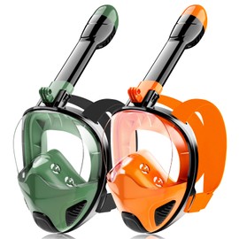 Full Face Snorkel Mask for Adults Teen, Snorkeling Gear with Detachable Camera Mount,Panoramic 180° View, Anti-Fog Anti-Leak Snorkling Set for Man and Women (Black Dark Green+Black Orange-S/M)