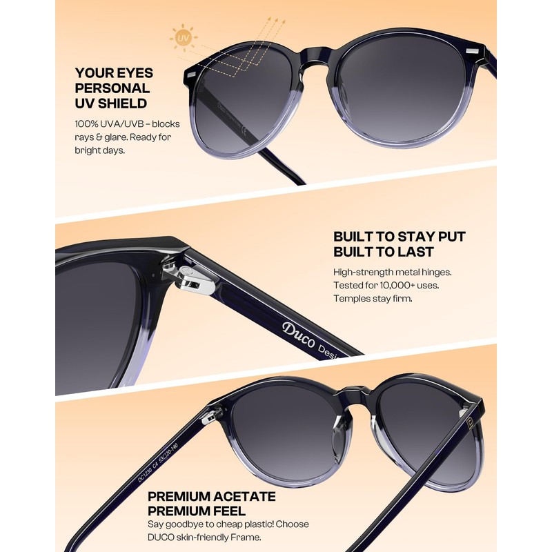 DUCO 1230 Women's Sunglasses, Round Sunglasses, UV400, Polarized Lens, Fashion