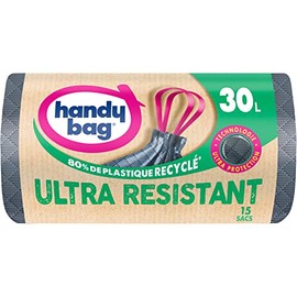 HANDY BAG 15 x 30L Heavy Duty 80% Recycled Plastic Rubbish Bags with Push Handles Technology Ultra Protection 3 Ply Leak Proof 53 x 63 cm