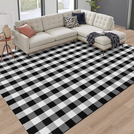Fixseed Buffalo Plaid Rug Washable Outdoor Rug 8x10 Ft Black and White Checkered Rug Hand-Woven Patio Rugs with Non Slip Pad for Farmhouse/Dining Room/Bedroom/Living Room Floor Carpet Mat