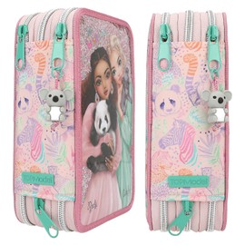 Depesche 12785 TOPModel Wild-Filled 3-Compartment Pencil Case in Pink, with Model Motif and Colourful Animal Pattern, Pencil Case with Colouring Pencils, Ruler, Scissors etc