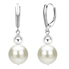 Cultured Freshwater White Pearl Earrings 14K White Gold Drop Leverback with Yellow Gold Ball 9.5-10mm