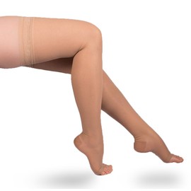 EvoNation Women's USA Made Thigh High Open Toe Compression Stockings 20-30 mmHg Firm Pressure Ladies Sheer Socks Lace Top Support Hose - Best Comfort Circulation (Large, Tan Beige Nude)