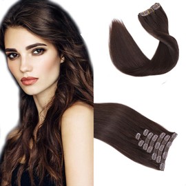 20'' Double Weft Clip in Hair Extensions Real Human Hair Full Head 8 Pieces 100g Silky Straight -100% Real Remy Human Hair Lace Weft Clip in Human Hair Extensions (20 Inch 100g, 4 Medium Brown)