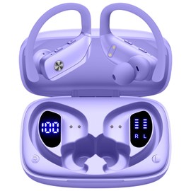 bmani Ear Buds Wireless Earbuds Bluetooth Headphones with 80H Playtime LED Display Case, Over-Ear Hook with Mic, Stereo Sound, Easy Button Controls, Sports Earphones for Running Workout Gym Purple