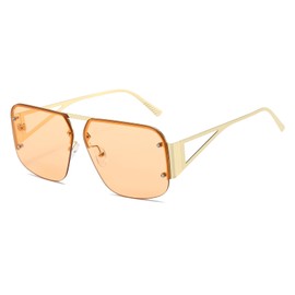 YUELUQU Trendy Aviator Sunglasses Mens Womens Metal Half Frame Shades Retro Oversize Square Sunglasses (Gold-Champagne)