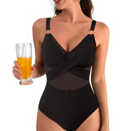 Yuiseaik - Traje de baño de una pieza con control de abdomen cruzado frontal push-up con detalles de anillo dorado para mujer